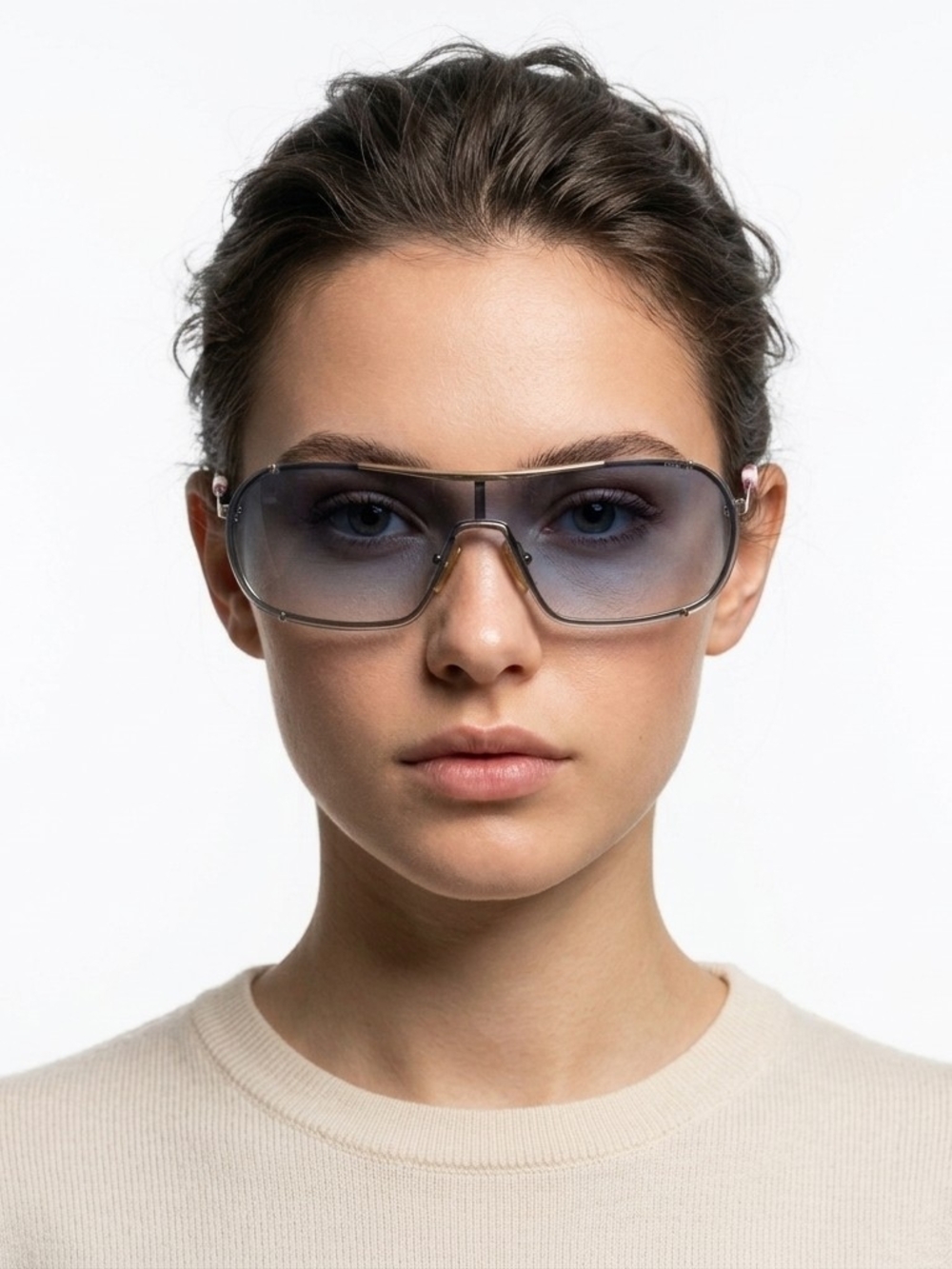 Retro Y2K UFO Shield Sunglasses Women Gold Rim Blue Gradient Lens Cyber Festival